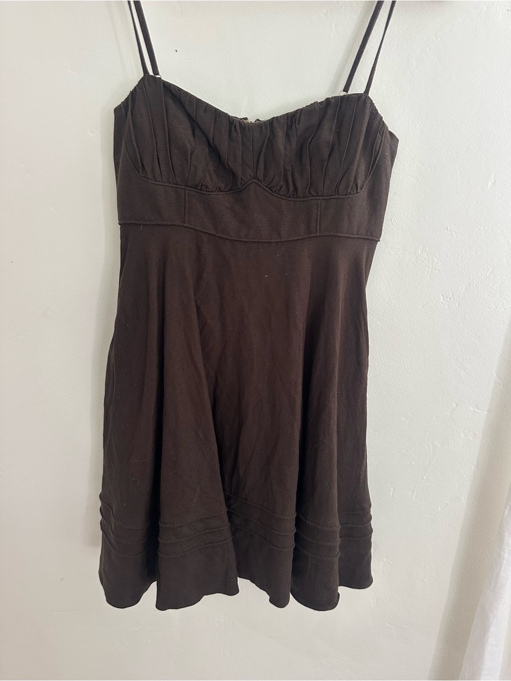 Shona Joy linen blend mini dress with pockets-Spaghetti Strap Brown A-Line Dress